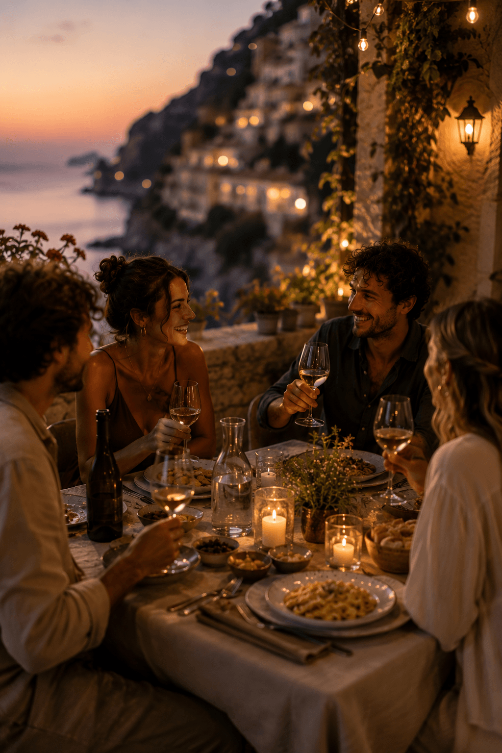 Gemeinsames Abendessen auf einer Terrasse am Mittelmeer