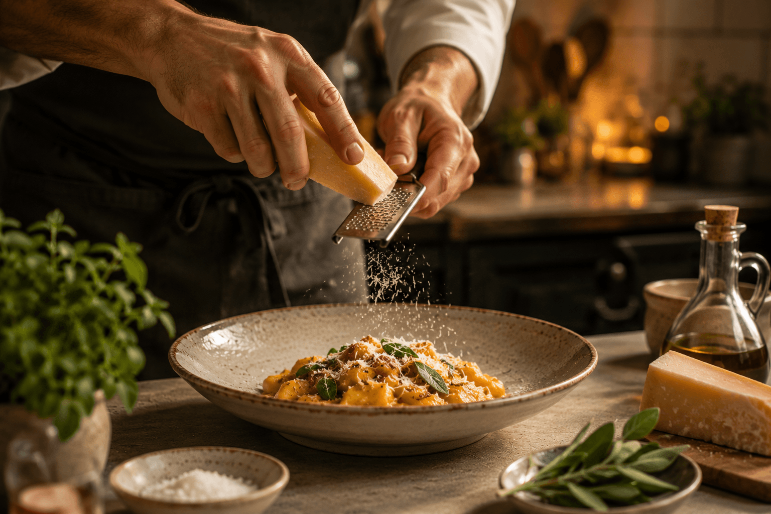 Parmesan wird über frische Pasta gerieben