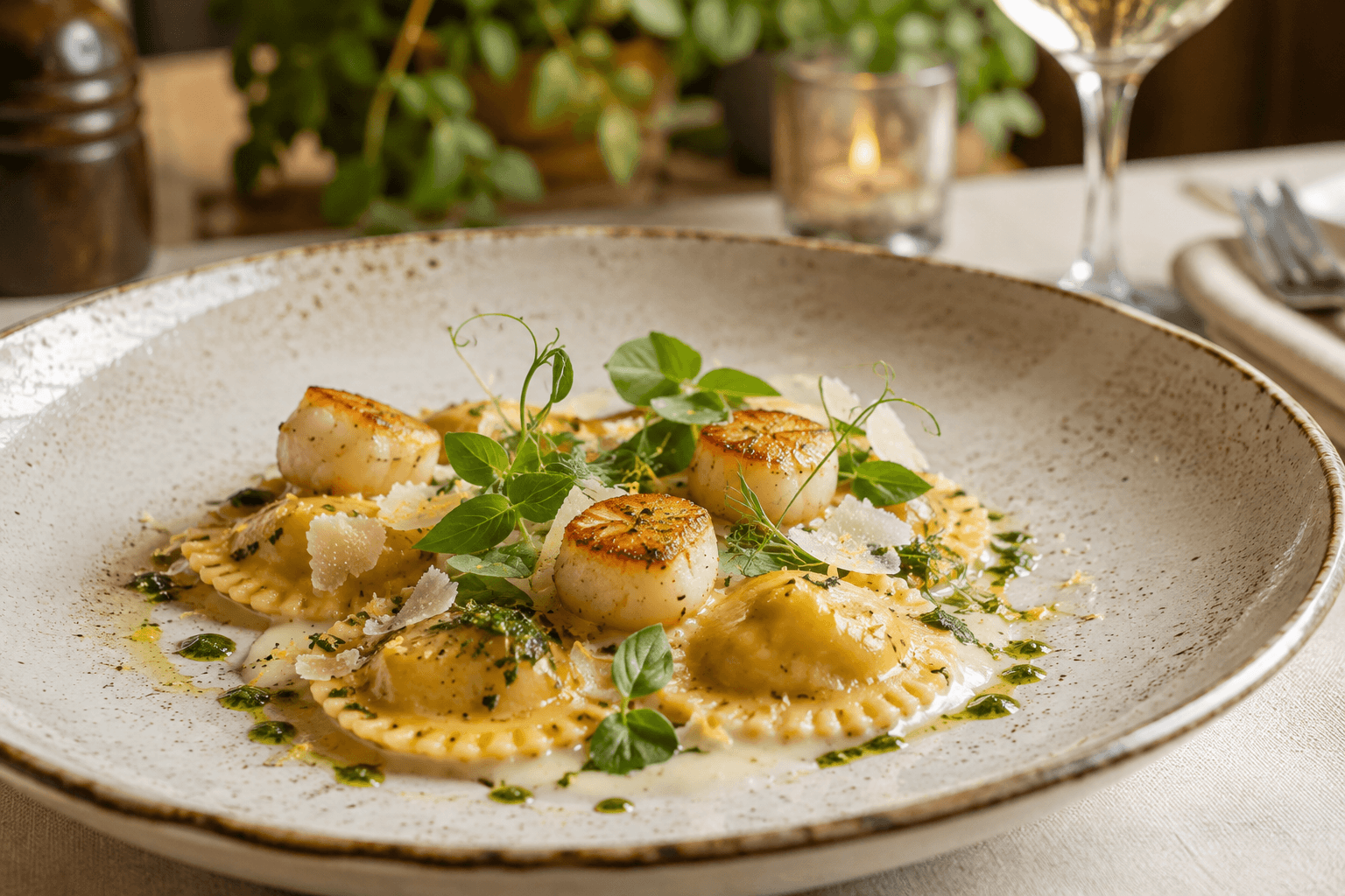 Fein angerichtete Pasta mit Jakobsmuscheln