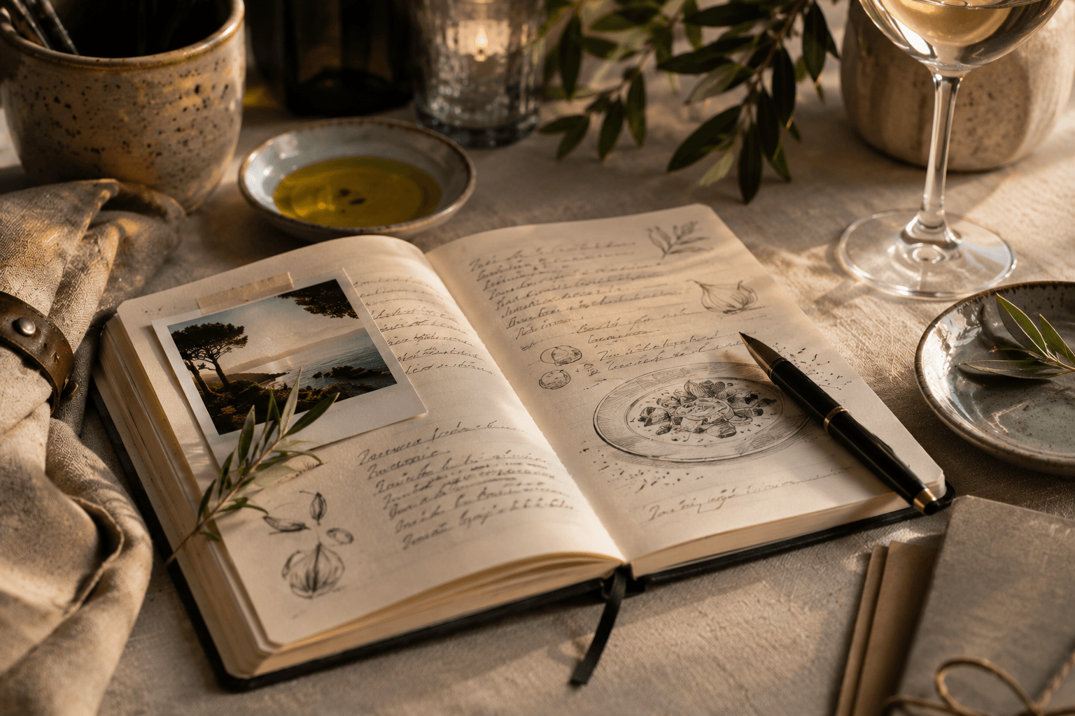 Kulinarisches Notizbuch mit Skizzen, Fotos und handschriftlichen Notizen